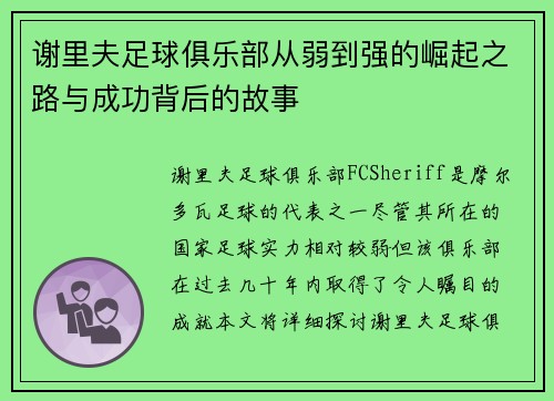 谢里夫足球俱乐部从弱到强的崛起之路与成功背后的故事