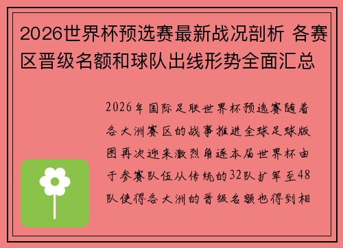 2026世界杯预选赛最新战况剖析 各赛区晋级名额和球队出线形势全面汇总